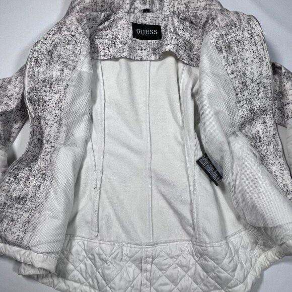 Guess Coat Womens Med White Grey Speckled Hooded Jacket Warm Full Zip Moto - Picture 12 of 16